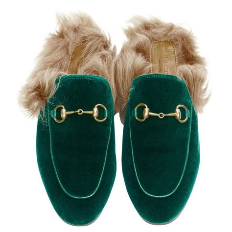 gucci velvet princetown green|Gucci fur lined mules.